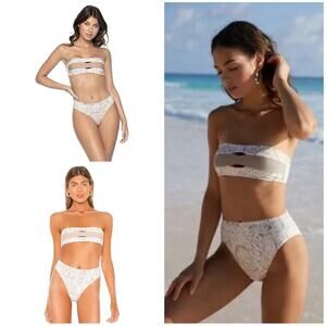 PilyQ Color Block Bandeau (D) and High Waist Cheeky Bikini Bottom (M) in Cobra